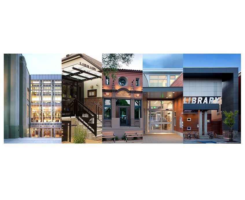 collage of front entrances to all five Berkeley Public Library locations