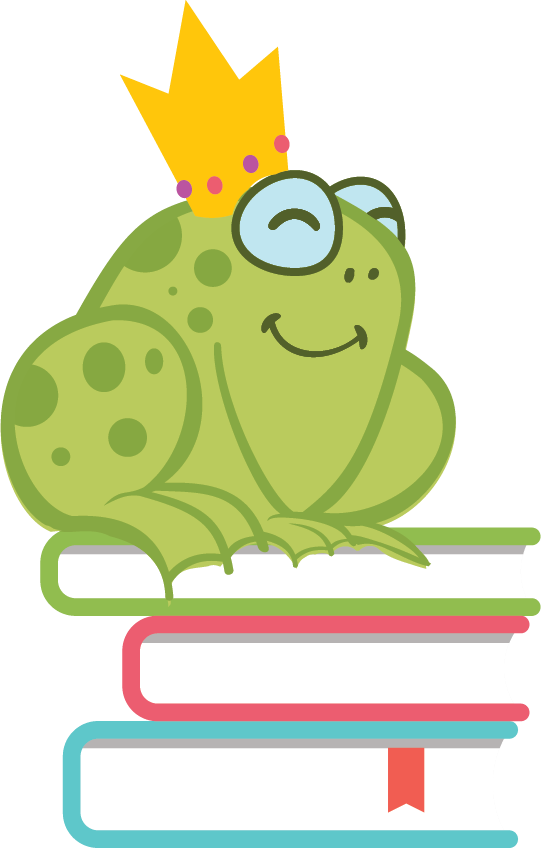 drawing of a frog wearing a crown sitting on top of books