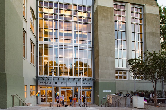 A photo of the stairs and front entryway of the Central library