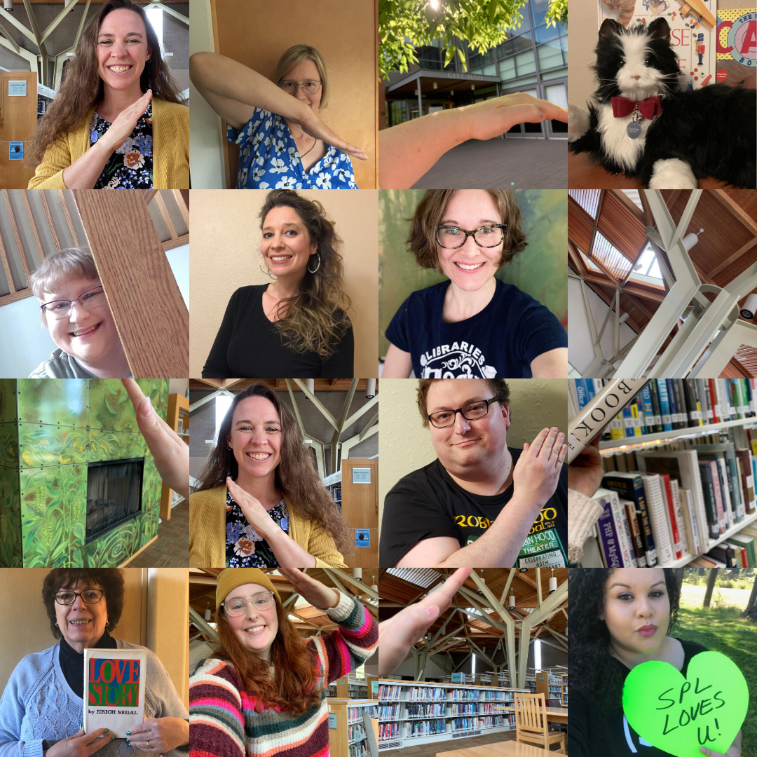 A mosaic of 16 images of Sherwood Library staff, joined so that their arms and other edges form a heart shape