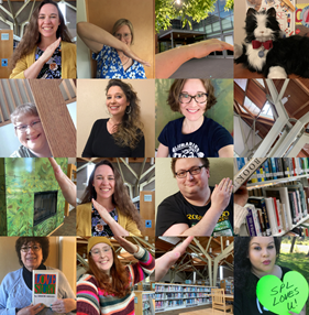 A mosaic of 16 images of Sherwood Library staff, joined so that their arms and other edges form a heart shape