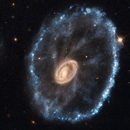 A galaxy with a small yellow center and blue spokes radiating out from it to a blue ring.