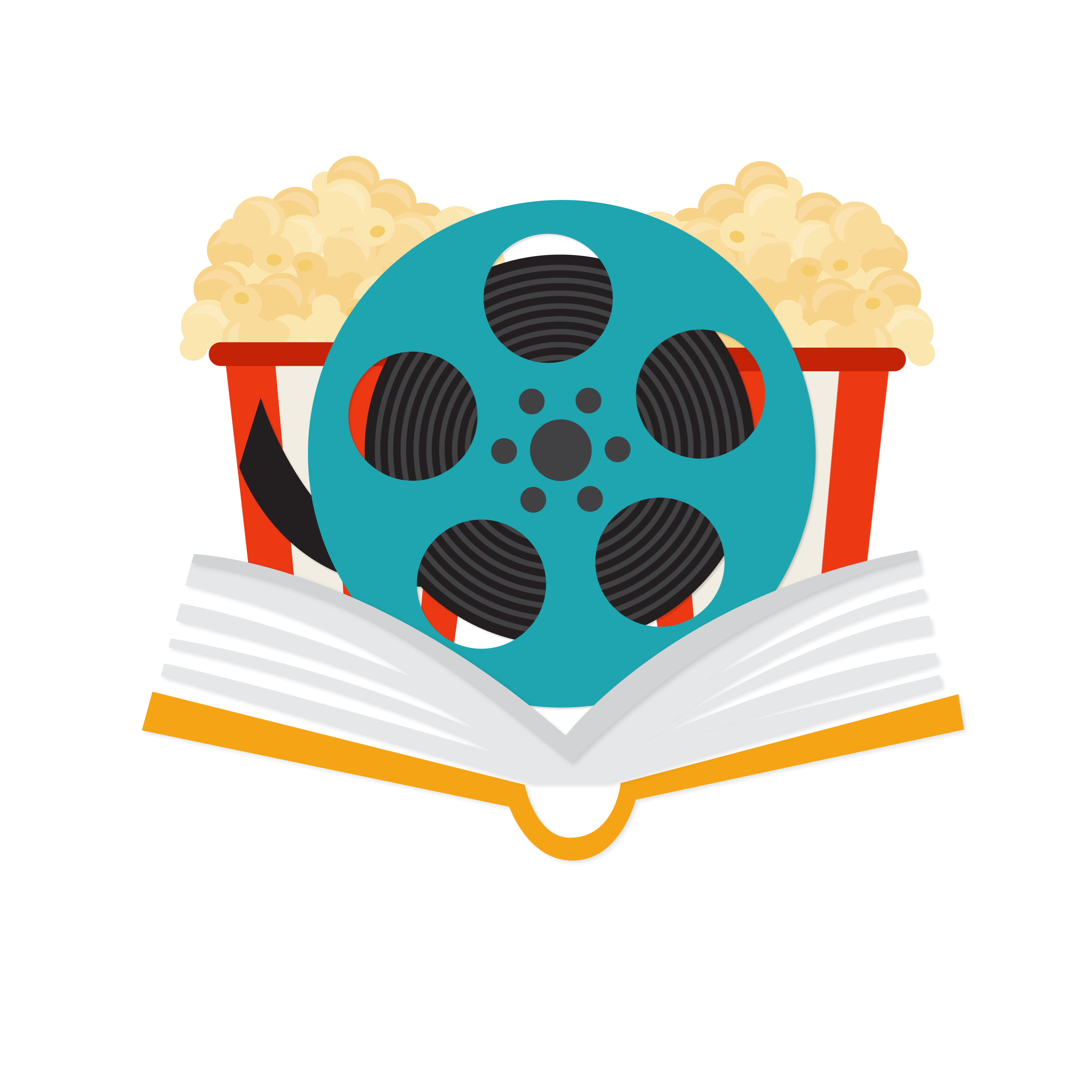 A book, a film reel, and some popcorn.