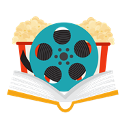 A book, a film reel, and some popcorn.