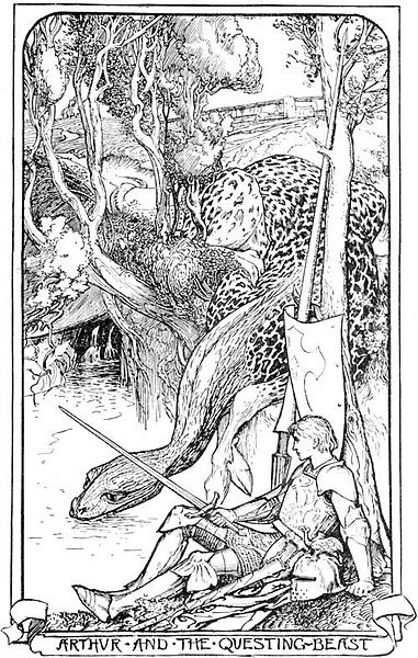 In this illustration a knight watches as the Questing Beast crouches down to drink water from a stream.