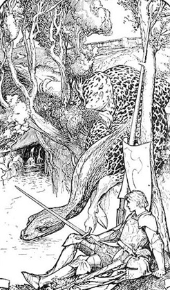 In this illustration a knight watches as the Questing Beast crouches down to drink water from a stream.