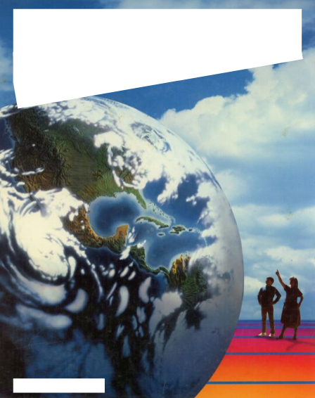 Book cover with text removed. Two small figures look up at an enormous globe.