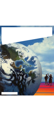 Book cover with text removed. Two small figures look up at an enormous globe.
