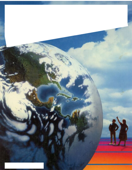 Book cover with text removed. Two small figures look up at an enormous globe.