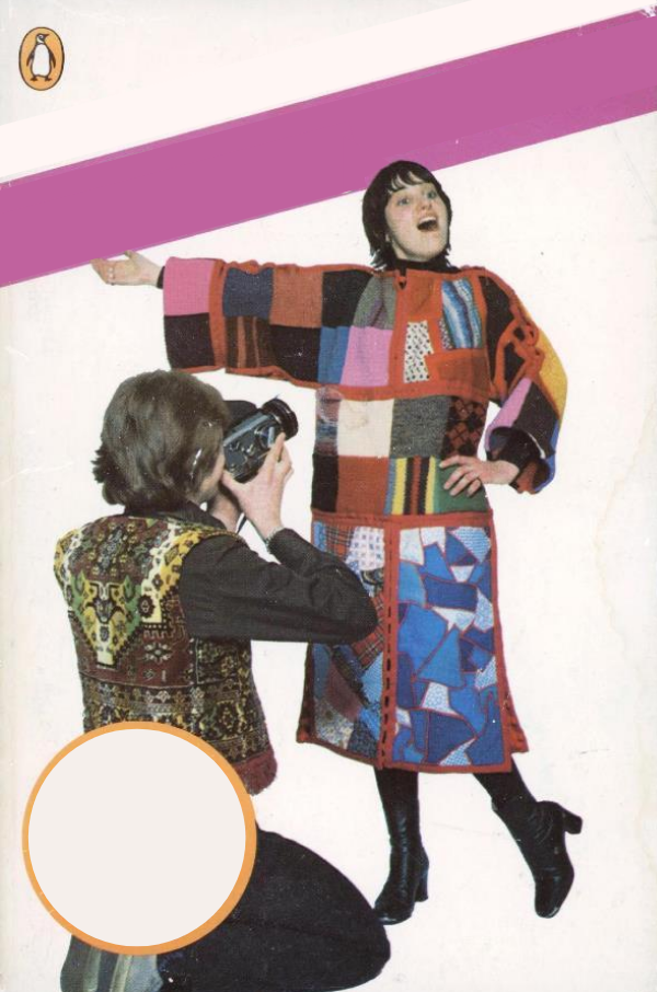 Book cover with text removed. A model strikes an awkward pose for a photographer. Both wear outrageous vintage fashions.