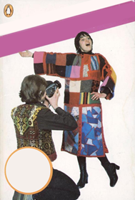 Book cover with text removed. A model strikes an awkward pose for a photographer. Both wear outrageous vintage fashions.