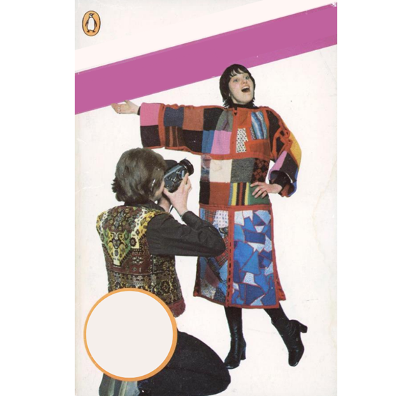 Book cover with text removed. A model strikes an awkward pose for a photographer. Both wear outrageous vintage fashions.