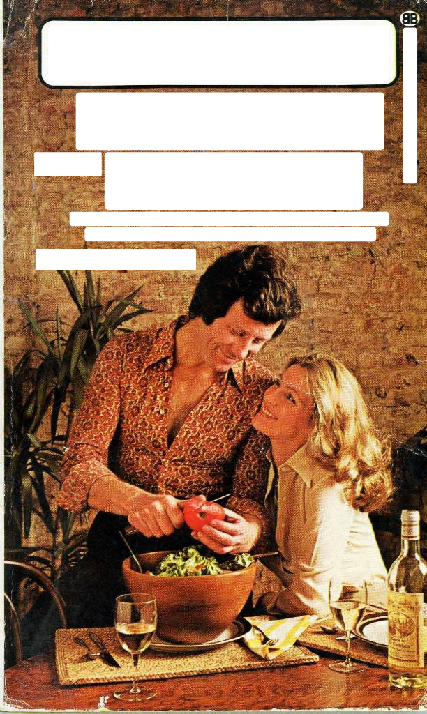 Book cover with text removed. Man chops veg while woman gazes adoringly at him. Both are styled in distinctly 70s fashions.