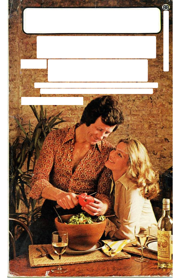 Book cover with text removed. Man chops veg while woman gazes adoringly at him. Both are styled in distinctly 70s fashions.