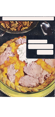 Book cover with text removed. Depicts a piecrust filled with hard-to-identify ingredients, likely canned fruit and ice cream.