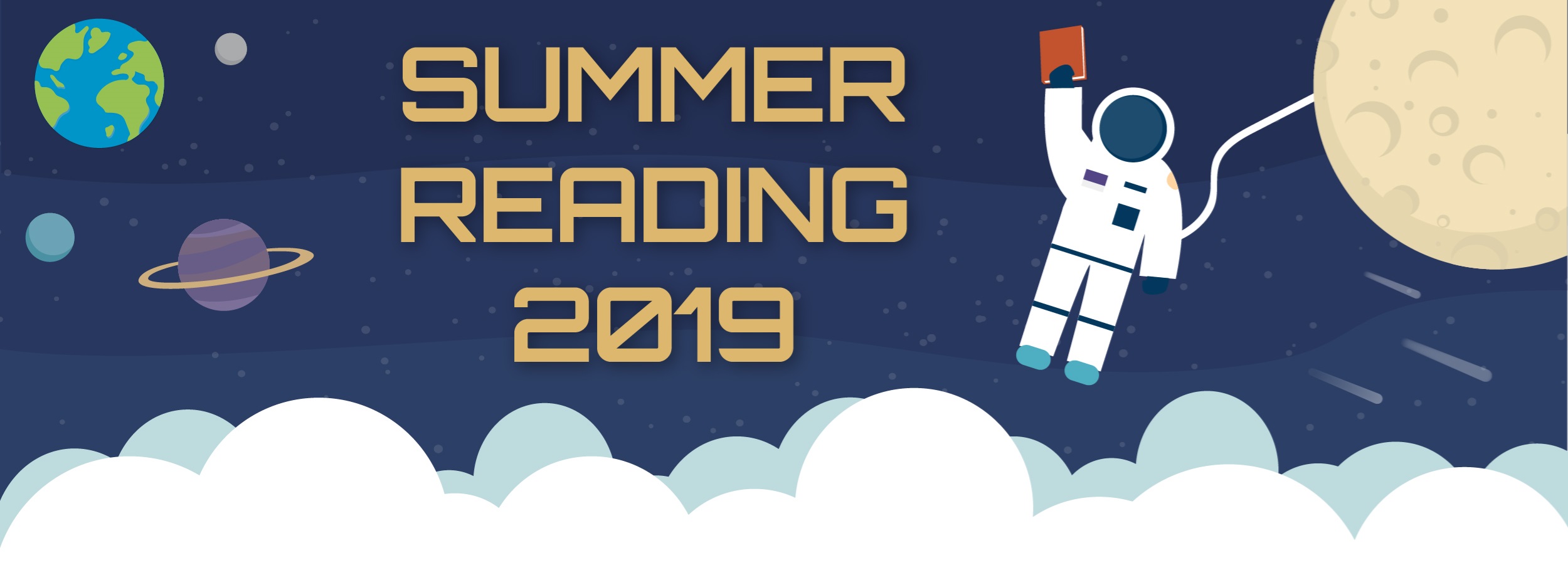 banner with outer space theme announcing summer reading