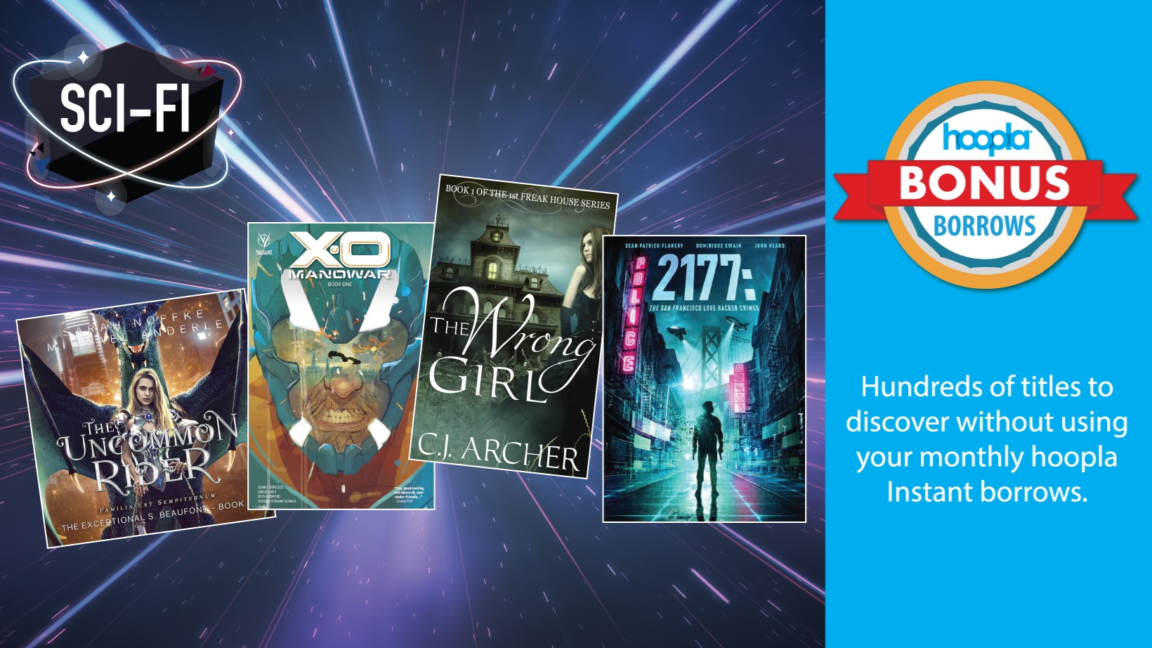 A selection of sci-fi books and movies from hoopla