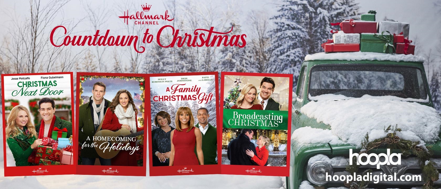 Hallmark Countdown to Christmas flyer of a snowy scene with movie covers