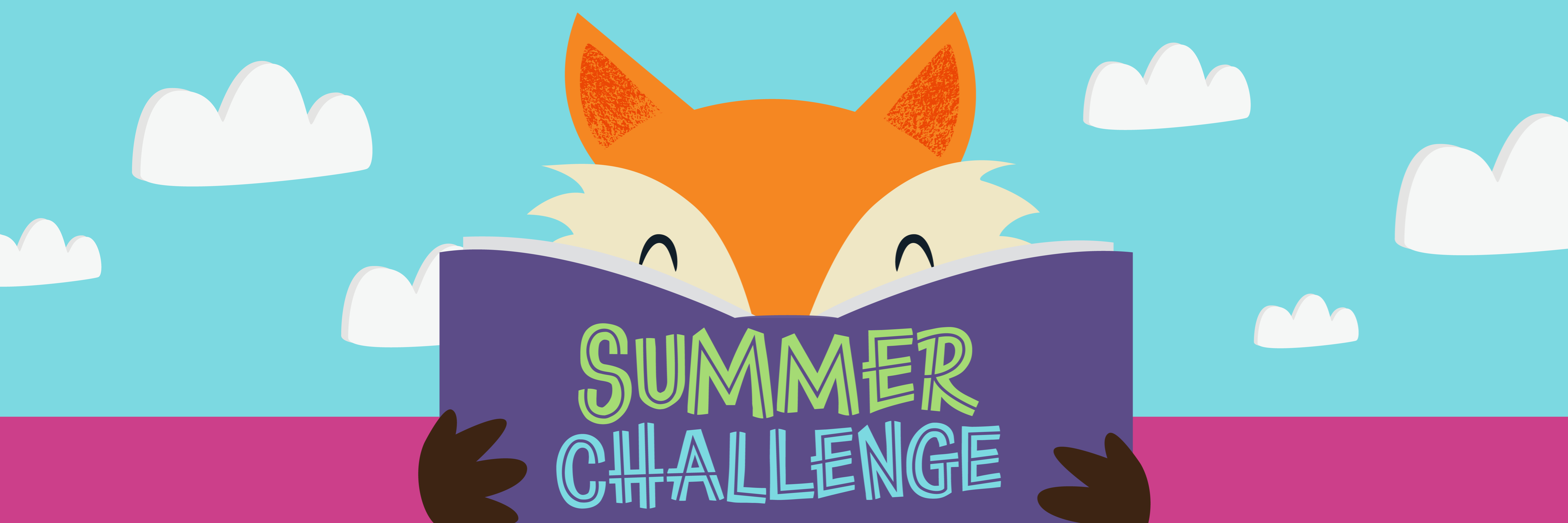 Illustrated fox with a purple book that says Summer Challenge