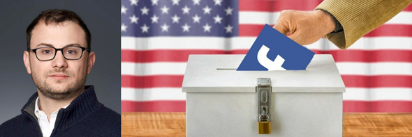 photo of Mark Posard and photo of a ballot box being stuffed with a Facebook logo