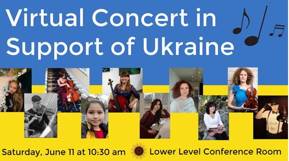 Yellow and Blue banner for Virtual Concert in Support of Ukraine with photo collage of all the musicians