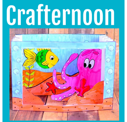 graphic with text reading Crafternoon and a picture of a paper aquarium with a fish an octopus