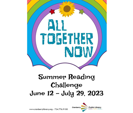 Flyer with text that says 'All Together Now Summer Reading Challenge, June 12 to July 29, 2023'