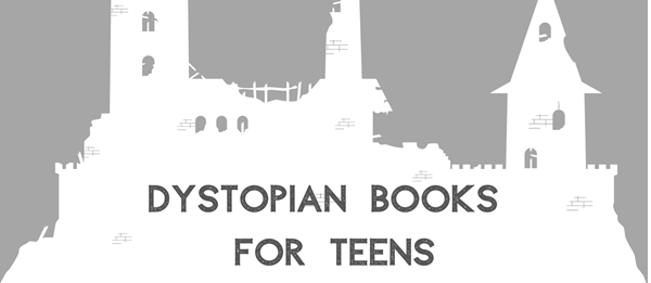 The text "Dystopian Books for Teens" overlays a destroyed castle