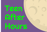 Clipart image of the moon on a purple background and text "Teen After Hours"