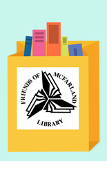 Clipart image of bag with books inside and Friends of McFarland Library logo on the front