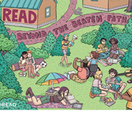 Drawing of people in a park reading and enjoying other activities. Text reads "READ BEYOND THE BEATEN PATH"