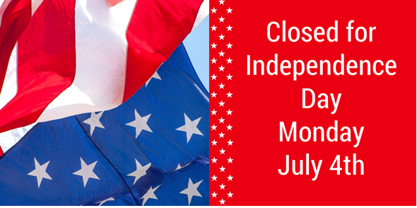 Picture of an American flag and text Closed for Independence Day Monday July 4th