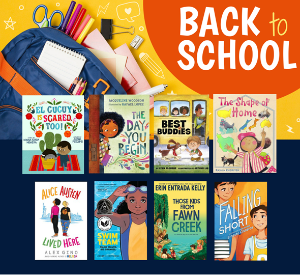Book flyer 8 books about school. A backpack filled with supplies is at the top and the text "BACK to SCHOOL"