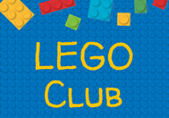 Blue Lego board background with various Lego pieces and the yellow text that reads "LEGO Club"