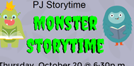 Gray background with two monsters reading books on each side and text in the middle that reads "PJ Storytime Monster Storytime"
