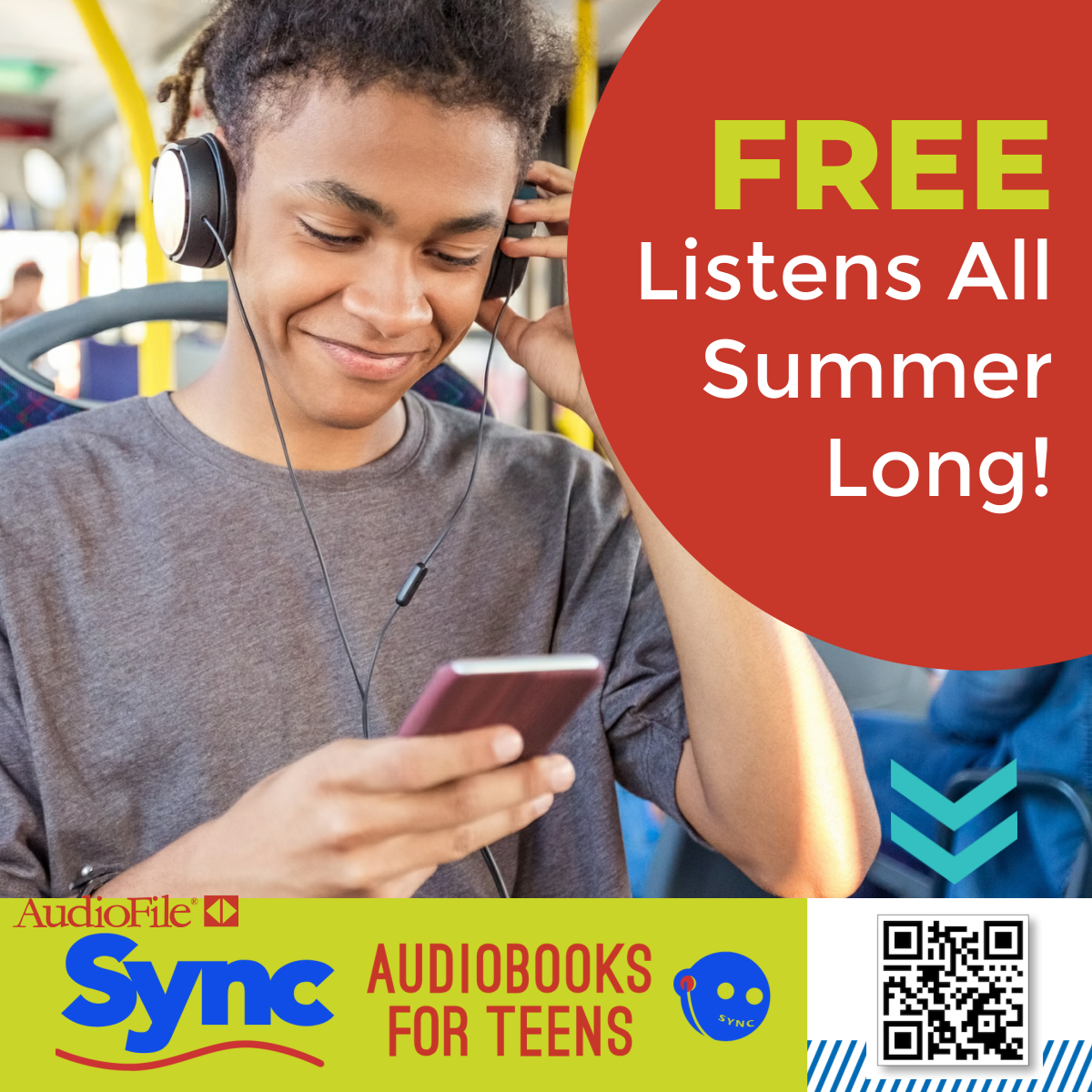 Sync audiobooks for teens. Free listens all summer long. Image of a teen boy wearing headphones.