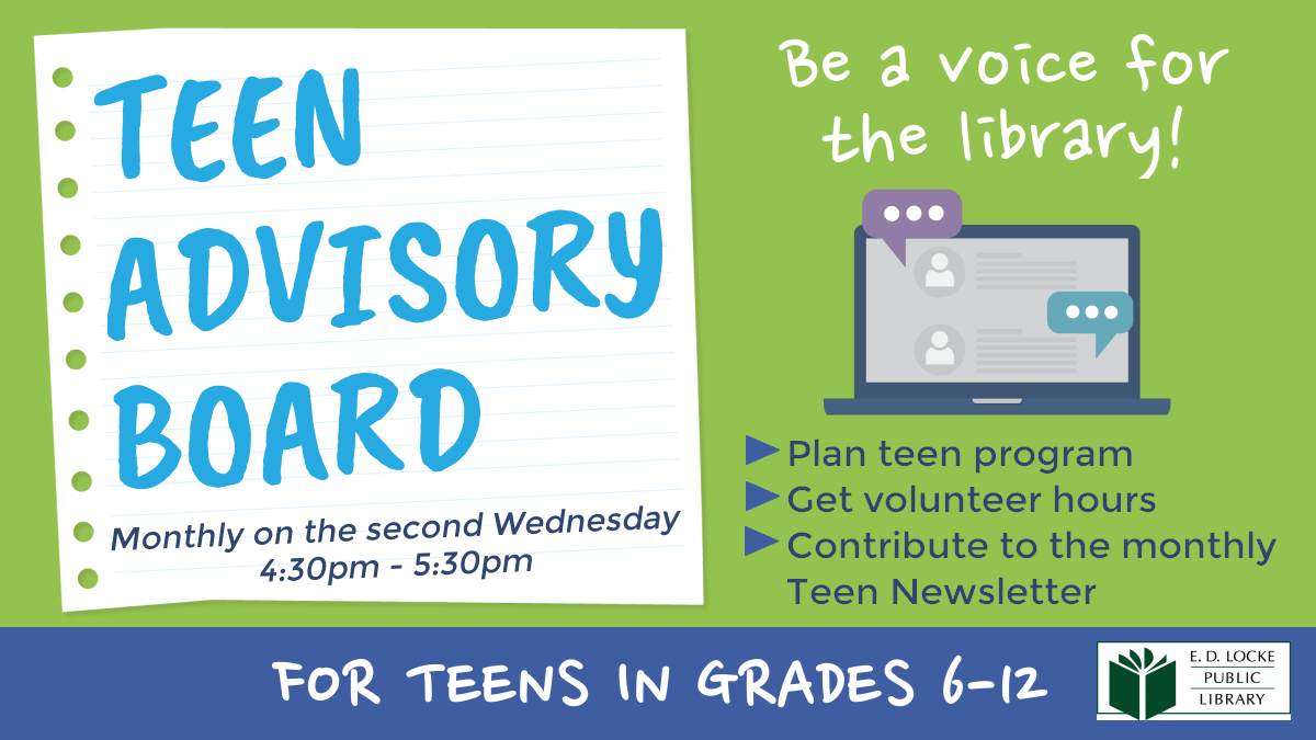 Flyer for Teen Advisory Board. Green background with images of notebook paper and a laptop. 