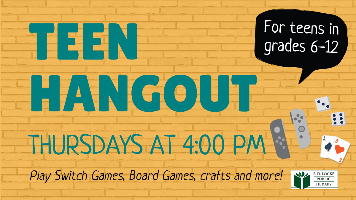 Flyer for Teen Hangout. Background is orange bricks with images of game pieces.