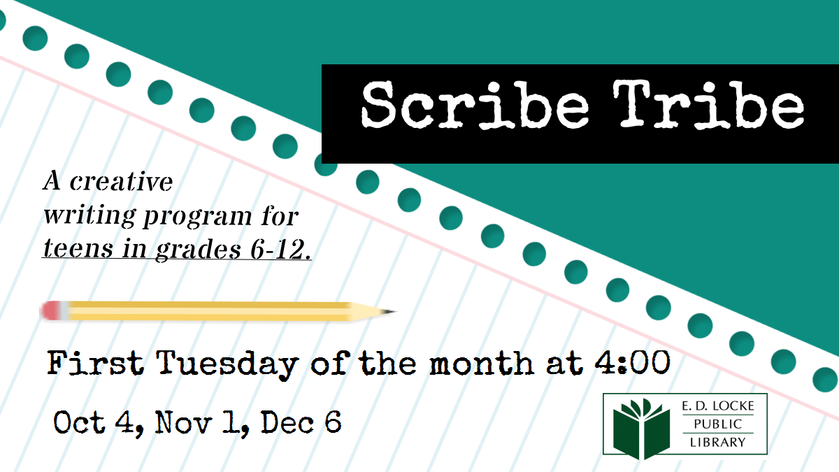 Flyer for Scribe Tribe, Text is on a torn piece of notebook paper. 