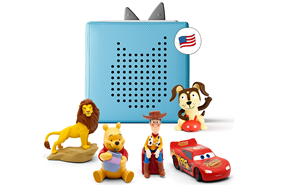 Picture of Tonies box that looks like a square blue speaker and 5 figures: Simba, Winnie the Pooh, Woody, Lightning McQueen, and a puppy
