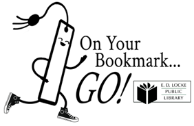 Line drawing of a bookmark running with the text "On Your Bookmark...GO!"