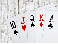 Picture of playing cards: 10 of spades, jack of hearts, queen of spades, king of diamonds, and ace of clubs.