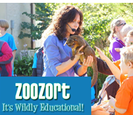 Picture of a woman holding an animal and showing it to children. Text reads "Zoozort. It's Wildly Educational!"