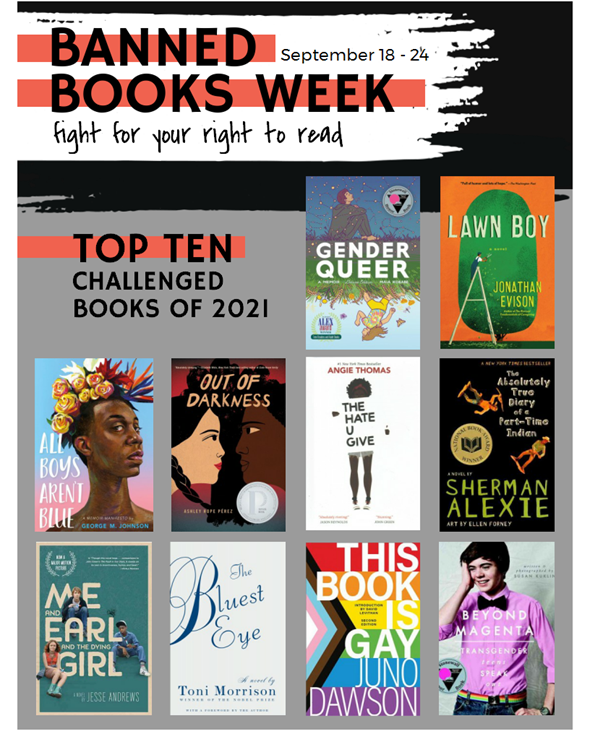 Book flyer featuring 10 book covers. Text reads: Banned Books Week September 18-24. Fight for your right to read. Top Ten challenged books of 2021.