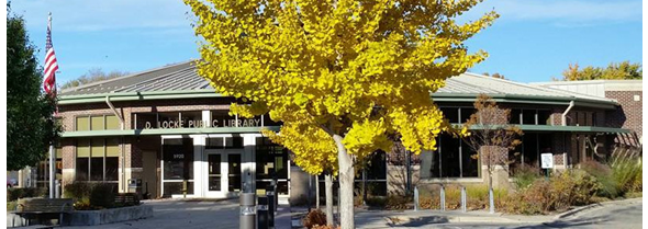A picture of E.D. Locke Public Library with trees and plants showing autumn colors.