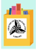 Clipart image of bag with books. Friends of McFarland Library logo on front of bag.