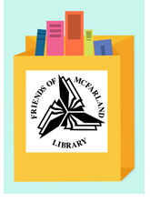 Clipart image of yellow bag with books inside and the Friends of McFarland Library logo on the front.