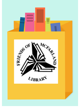 Clipart picture of yellow bag with Friends of McFarland Library logo on the front and books inside.