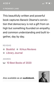 Libby app Details page for A Promised Land by Barack Obama showing the new feature Reviews and Awards links.