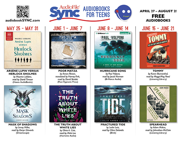 AudioFile Sync Audiobooks for Teens. April 27 - August 2! Free Audiobooks. Covers of books scheduled for May 25 - June 21 are pictured.